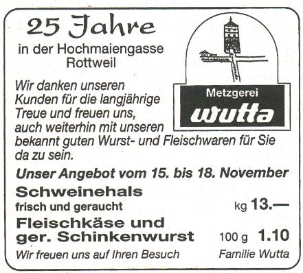 Datei:Ansichten Innenstadt Hochmaiengasse Hochmaiengasse12 JubilaeumMetzgereiWutta 15.11.2000.jpg