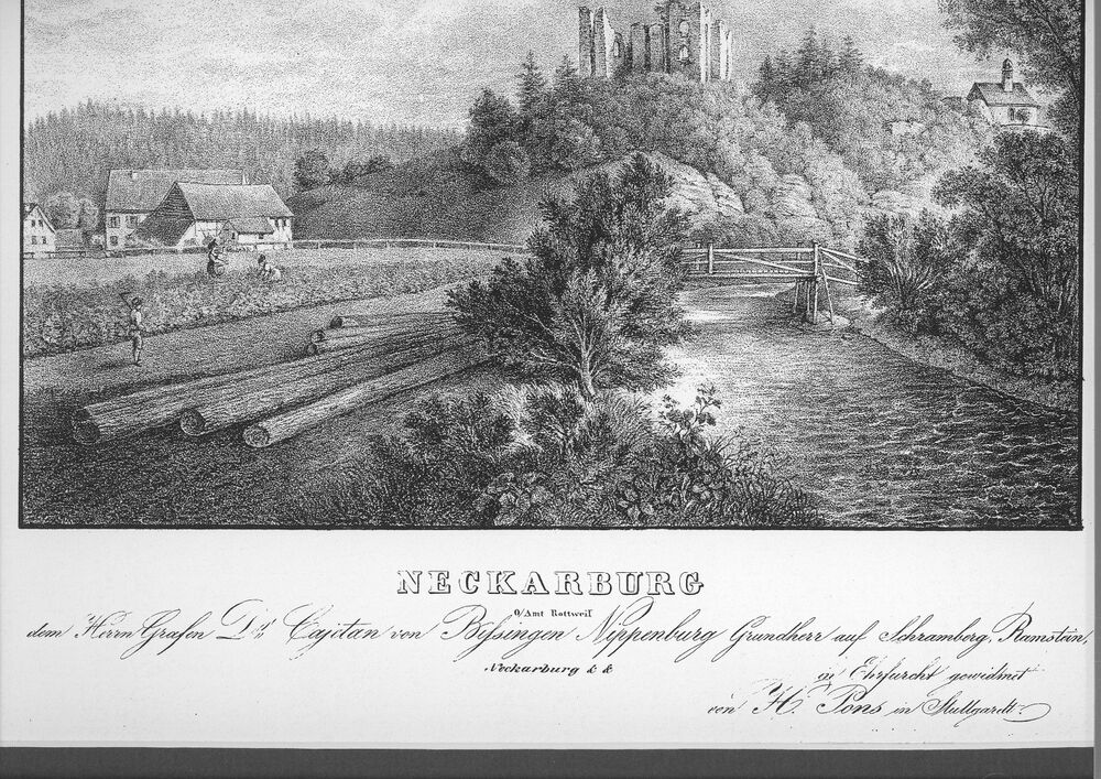 360 Neckarburg um 1850 mit Laufsteg über den Neckar, Hofgebäude, Burgruine und St. Michael Kapelle..JPG